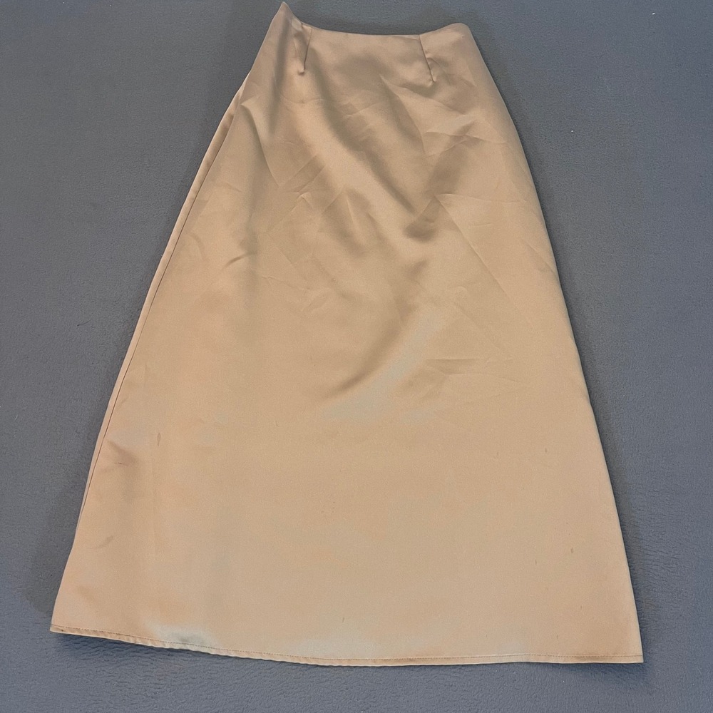By Debra Vintage Champagne Satin Maxi Skirt High Waisted A-Line Tan Size P/S USA
